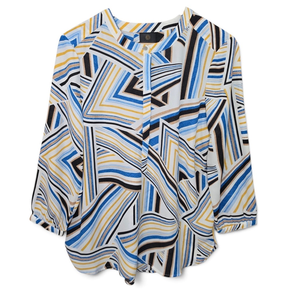 JM Collection Blouse Womens Medium M Blue Geometric Abstract 3/4 Sleeve Top